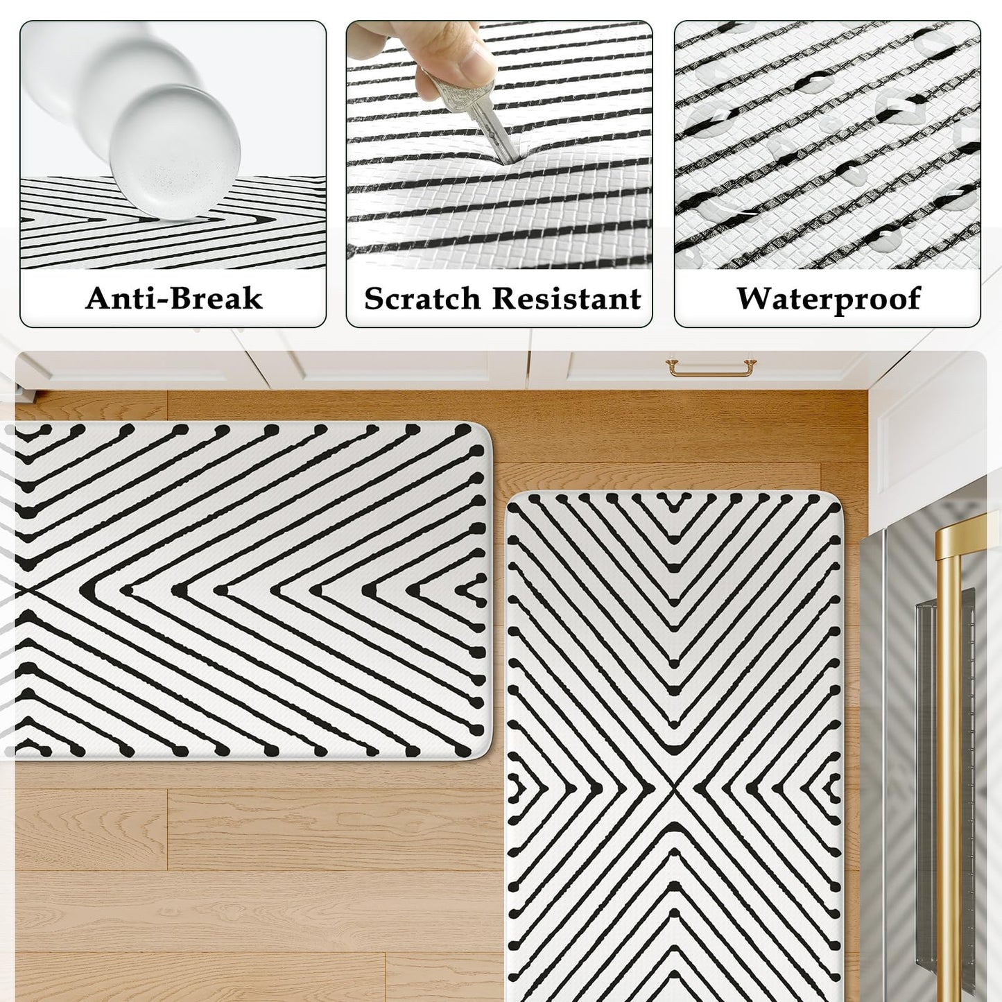 KIMODE Kitchen Mats Cushioned Anti Fatigue, Geometric Kitchen Rugs Sets of 2, Non Slip Waterproof Kitchen Floor Mats, Comfort Standing Mats for Laundry Office Sink Desk 17"x47"+17"x29" Black Diamond