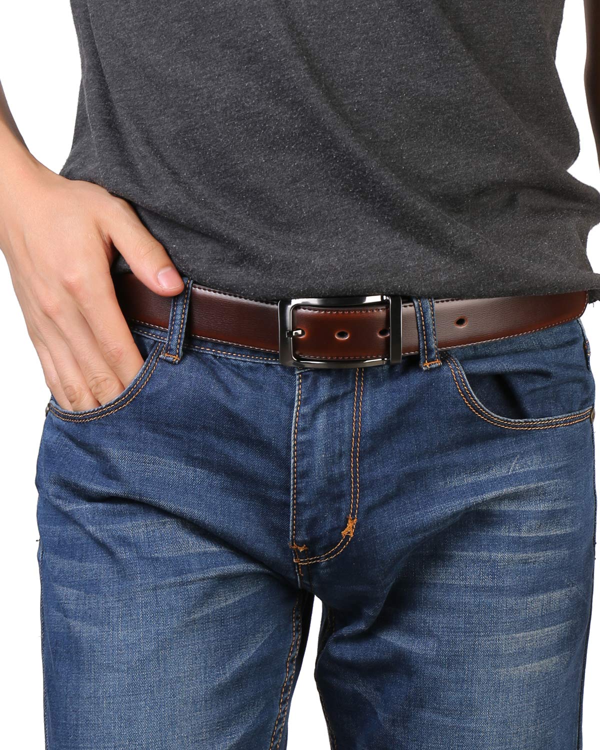 Belts for Men Reversible Leather 1.25” Waist Strap Fashion Dress Buckle Beltox (Rectangle Rotated Buckle with Burnt Umber/Black Belt, 28-30)
