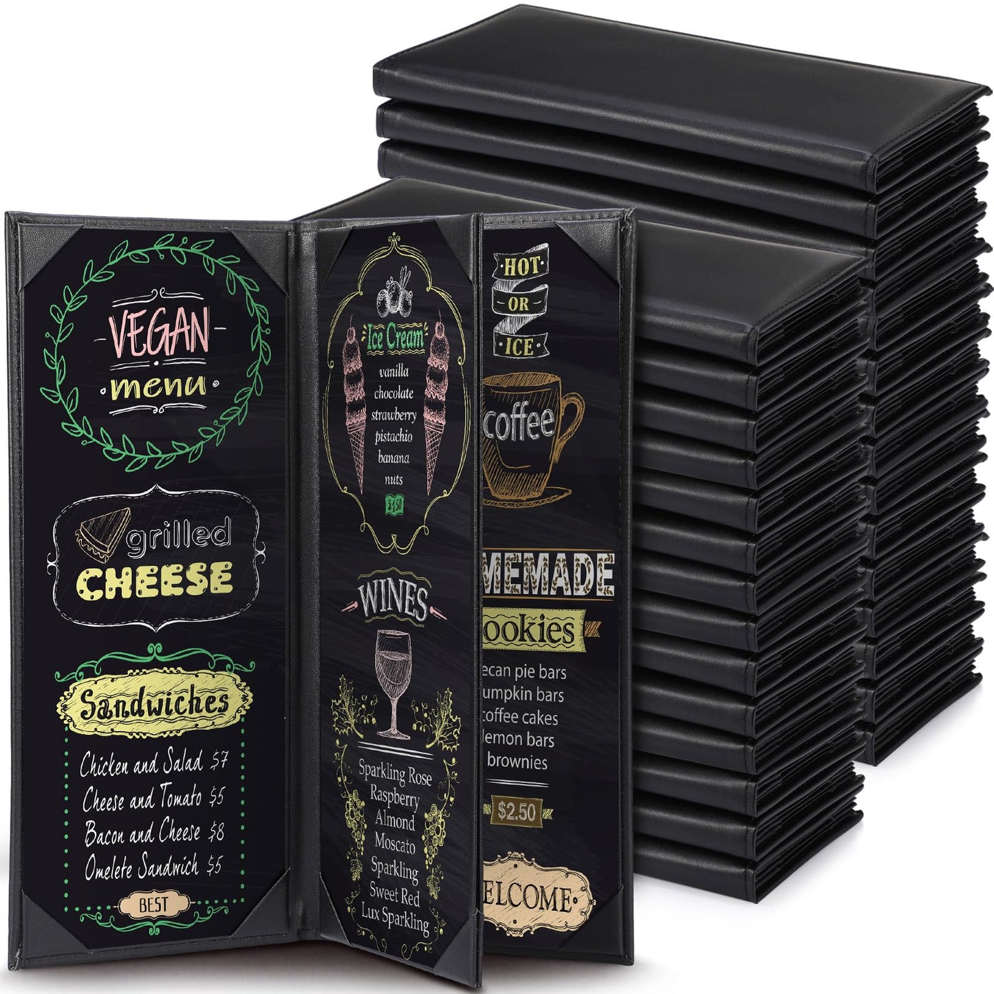 Jexine 30 Pcs Leather Menu Covers Holders - 4.25 x 11 Inches 4 View Fold Black Leather Menu Book with Angled Corners Waterproof for Restaurant Cafe Bar Wine Drinks List Covers Set