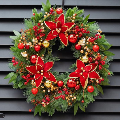 Christmas Wreaths for Front Door- 24 Inch Outdoor Prelit Christmas Door Wreath with Lights, Lighted Xmas Wreath with Poinsettia Flowers,Red Berries,Golden Ball- Home Christmas Decorations