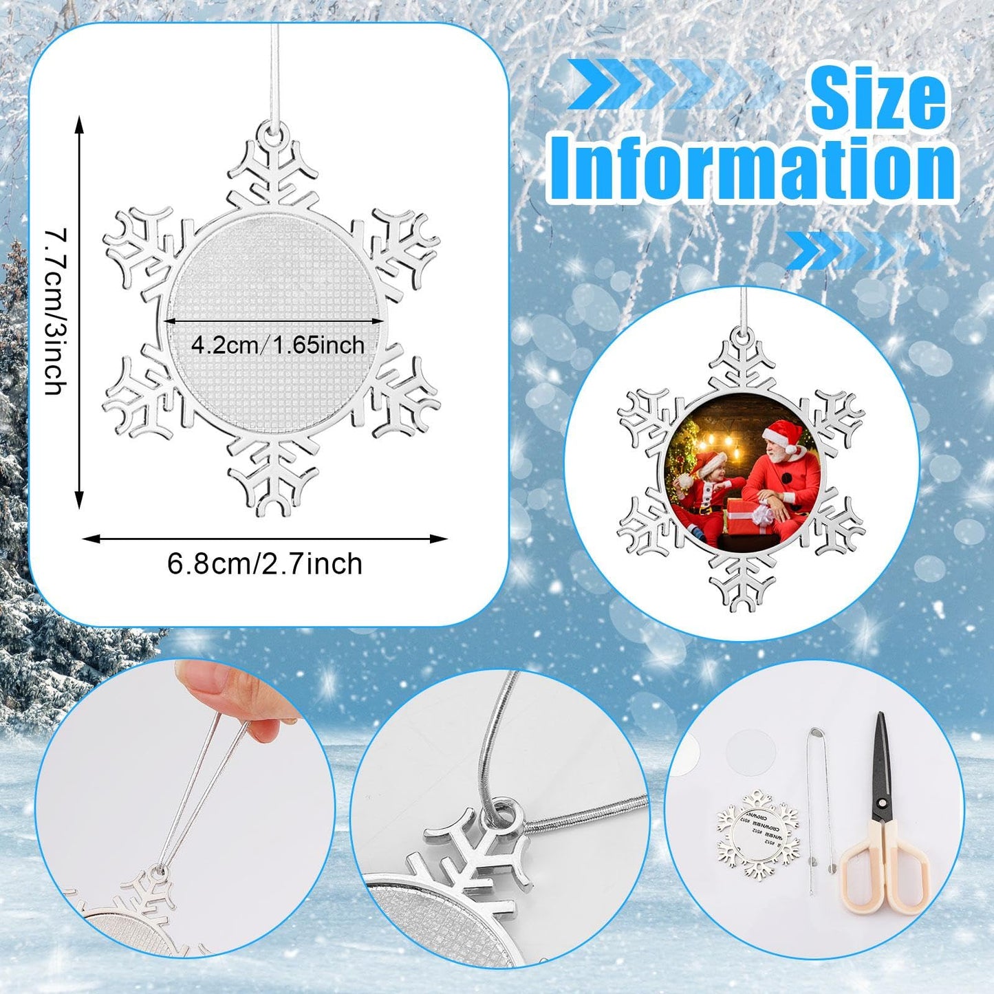 Soaoo 6 Pcs Metal Christmas Photo Frame Ornament Bulk Silver Snowflake Tree Picture Frame Ornament Double-Sided for Christmas Tree Hanging Xmas Home Indoor Outdoor Decorations Keepsake Gifts