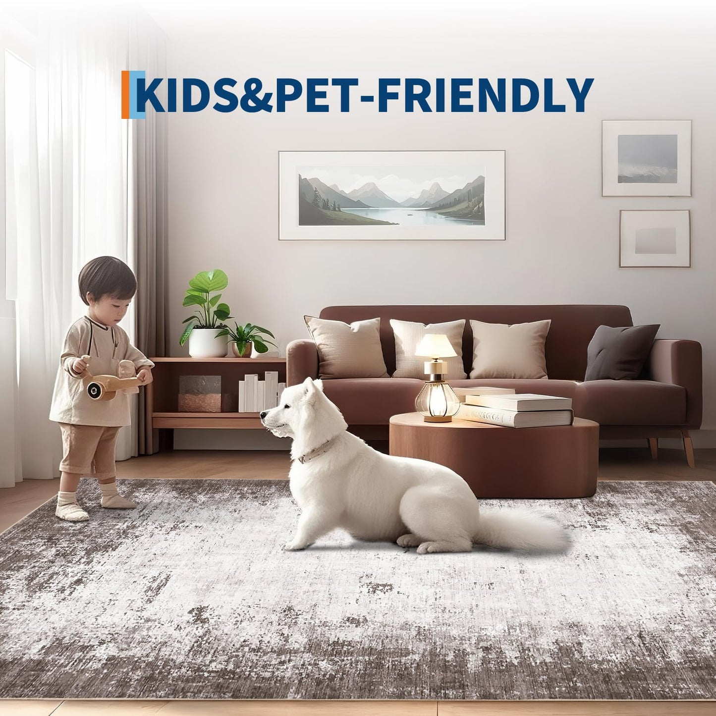 GarveeHome Abstract Area Rugs 5x7 Ultra-Soft Modern Indoor Carpet, Stain-Resistant Neutral Floor Cover, Non-Slip Distressed Throw Rug, Easy Cleaning, Perfect for Living Room, Office, Brown