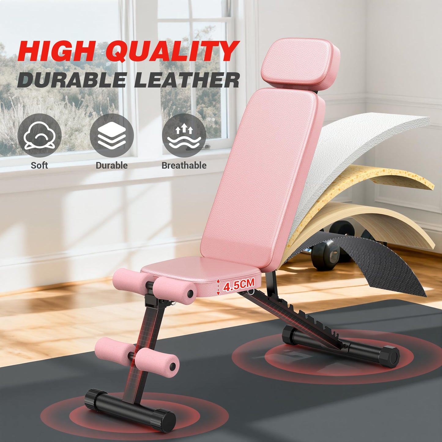 XDDIAS Workout Bench, 10 Backrests Adjustable Weight Bench with Extended Headrest, 800LBS Foldable Weight Bench for Home Gym, Incline Decline Flat Bench Compact for Small Space Training, Pink