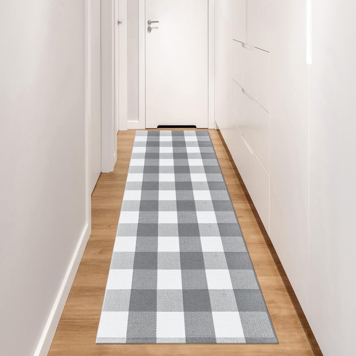 Aoczes Buffalo Plaid Runner Rug 2x6 Feet Grey and White Checkered Runner Rug Cotton Woven Farmhouse Floor Mat Washable Rugs for Hallway Kitchen Laundry Bedroom Living Room