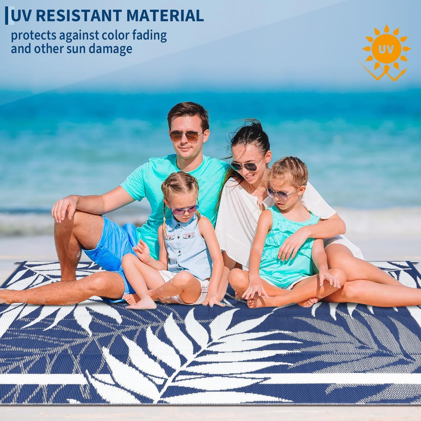 GAOMON 9'x18' Outdoor Rug Waterproof, Reversible Plastic Straw Rug for Large Patio, Backyard, Poolside, Deck – UV Resistant, Heavy Duty, Easy Clean Outdoor Carpet for High Traffic, Navy&White