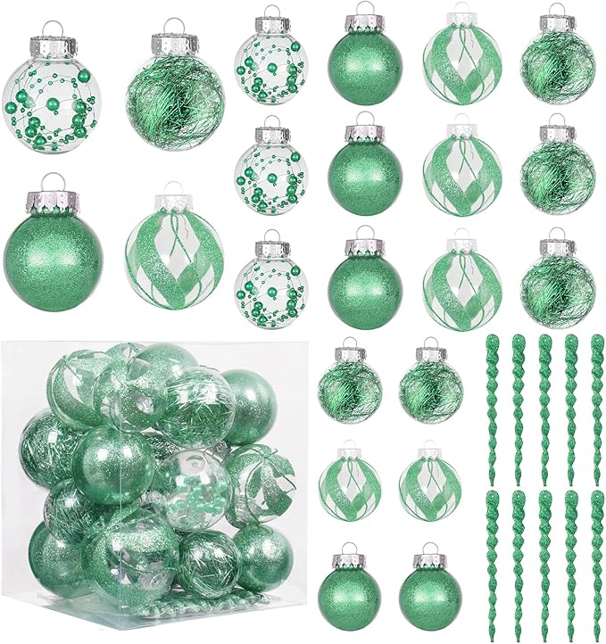 XmasExp 32ct Christmas Ball Ornaments Set -Mint Green Clear Plastic Shatterproof Xmas Tree Ball Decorations Hanging Baubles for Holiday Decor