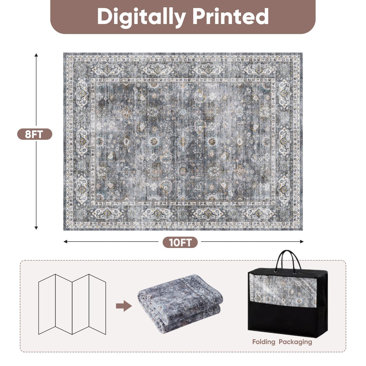Rugcomf 8x10 Rug Washable Boho Soft Large Area Rug Non-Slip Faux Wool Vintage Rug for Living Room, Farmhouse, Dining Room, Indoor, Kids Playroom (Grey)