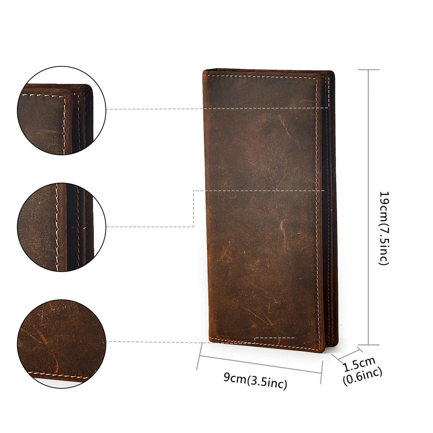 BRASS TACKS Leathercraft Vintage Long Wallet for Men Top Grain Leather Dark Brown Cowhide Bifold Wallet Gift Box