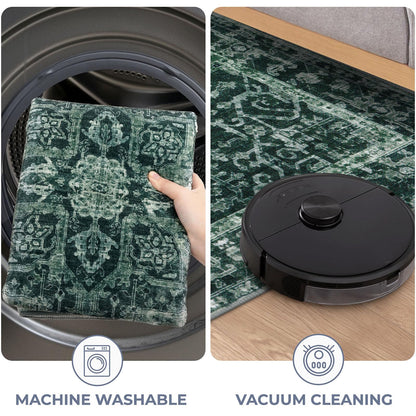 KOZYFLY Boho Area Rug 3x5 Ft Rugs for Entryway Washable Entry Rug Non Slip Door Mat Indoor Entrance Printed Faux Wool Throw Rugs for Entrance Kitchen Living Room, Dark Green
