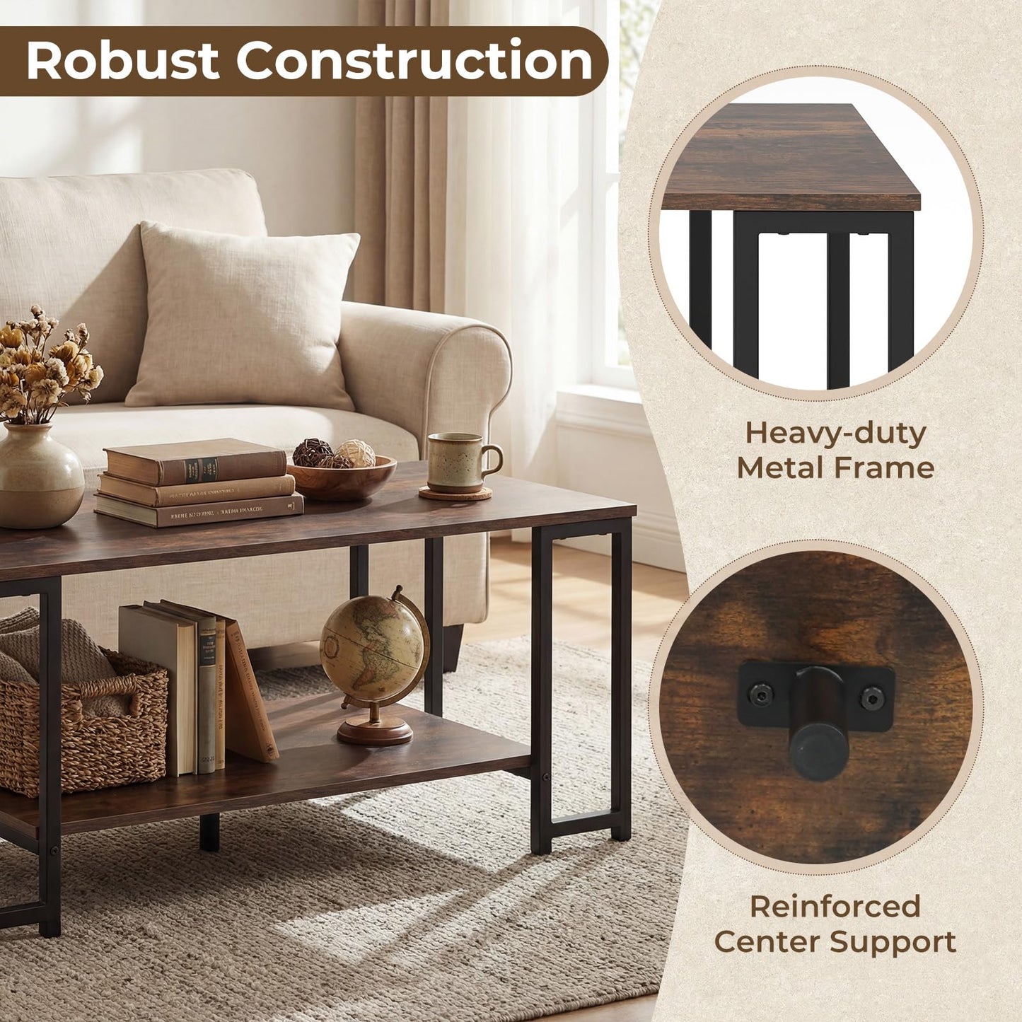 Giantex 2-Tier Coffee Table with Storage, 39.5" Rectangular Center Table with Heavy-Duty Metal Frame, Modern Accent Cocktail Table, Living Room Tables for Small Spaces (Rustic Brown)