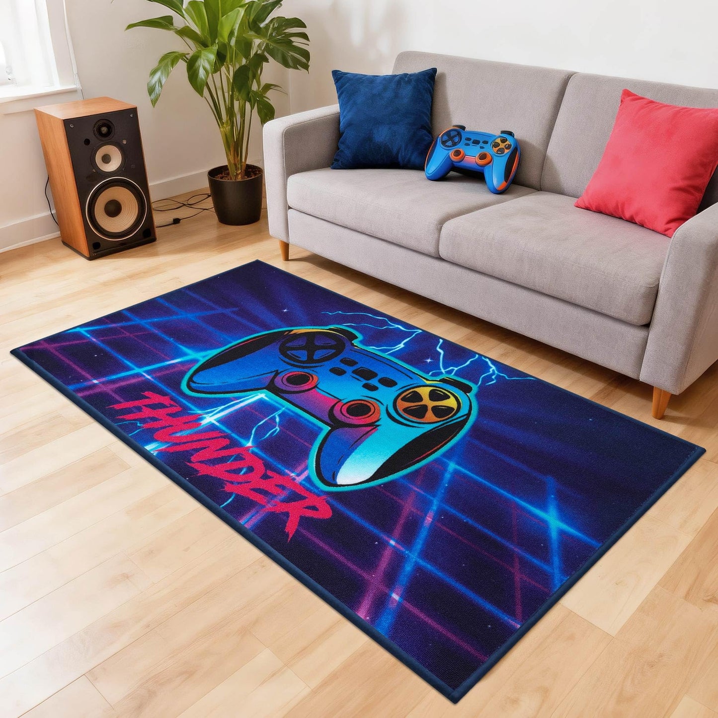 JSEI Gaming Rug for Kids Teens 32"x60", Video Game Kids Rug with Gamepad Controller Pattern, Non-Slip & Machine Washable Gaming Floor Carpet Mat for Playroom,Living Room&Bedroom, Blue