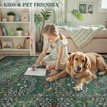 Lahome Dark Green Bedroom Rugs 5x7, Soft Washable Rugs for Dining Room, Boho Non Slip Low Pile Forest Stain Resistance Floral Carpet for Living Room Office Giverny, Dark Green