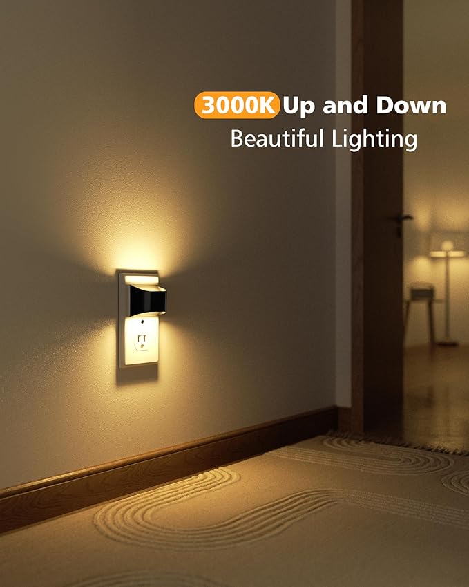 VOLISUN Night Lights Plug into Wall, 2 Pack Up and Down LED Night Light with Dusk to Dawn Light Sensor, 3000K Warm White Nightlight for Hallway, Bedroom, Bathroom, Kitchen Black