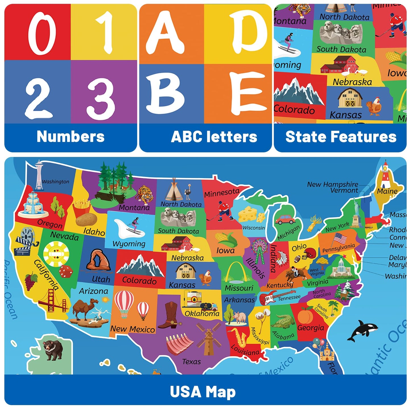 LTKOUGFAM USA Map ABC Kid Rug 39.4" × 63" for Playroom Geography Classroom Rug Educational Kids Playmat Alphabet Mat for Primary School Fluffy Ployester Non-Slip Preschool Carpet for Room