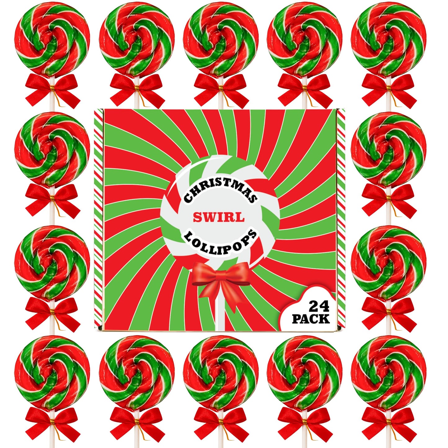 Christmas Lollipops with Red Bow - 24 Pack Individually Wrapped Christmas Candy Bulk – Stocking Stuffers for Kids – Xmas Party Favors, Classroom, Holiday Goodie Bag Fillers, Seasonal Treats, and Birthday Parties