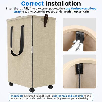 Laundry Basket with 5 Wheels, Tall Dirty Laundry Hamper, Rolling Laundry Basket with Lid, Large 90L Collapsible Clothes Hamper for Laundry Room Bedroom Bathroom Dorm, Khaki