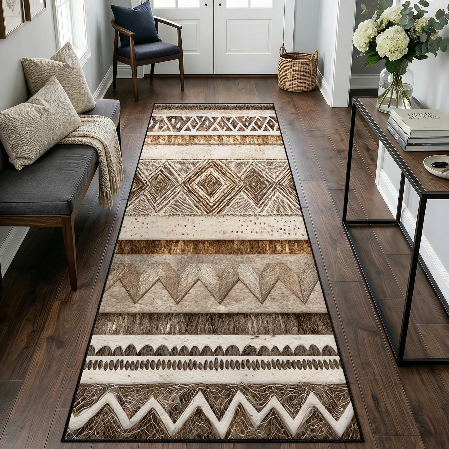 Southwestern Aztec Runner Rug 2x8ft Bohemian Tribal Runner Rug, Rustic Neutral Country Rugs, Retro Western Southwest Rugs for Hallways, Washable Non-Slip Carpet for Bedroom Living Room