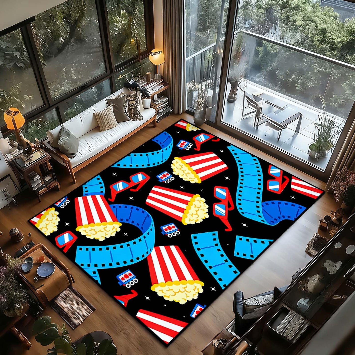 Movie Theater Area Rug, Popcorn Film Reel & 3D Glasses Rug, Cinema Sign Rugs, Movie Night Home Theater Rugs, Washable Non-Slip Soft Low Pile Home Cinema Carpet (4' x 6'(Rectangular))