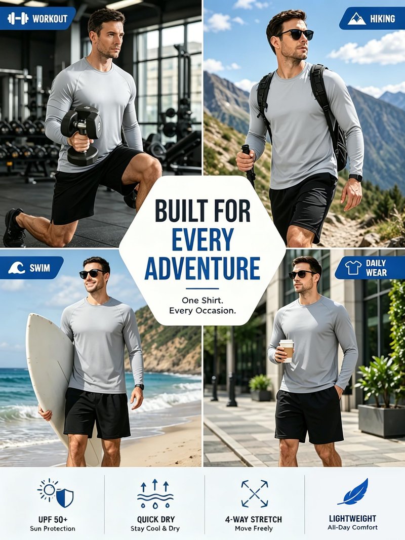Mens Rash Guard Shirt Sun Shirts Long Sleeve UV Sun Protection SPF T-Shirts UPF 50+ Fishing Swim Shirts for Men Workout Shirt 3 Pack