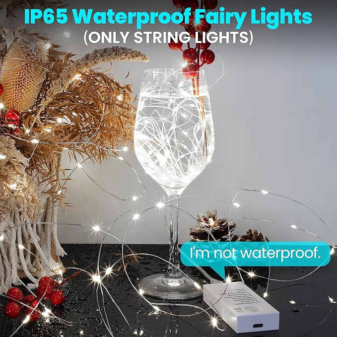 Mlambert LED Fairy Lights Battery Operated with Timer, Rechargeable Mini Twinkle Lights for Christmas Decor Holiday Party, 65.6FT(16.4x4), Cool White