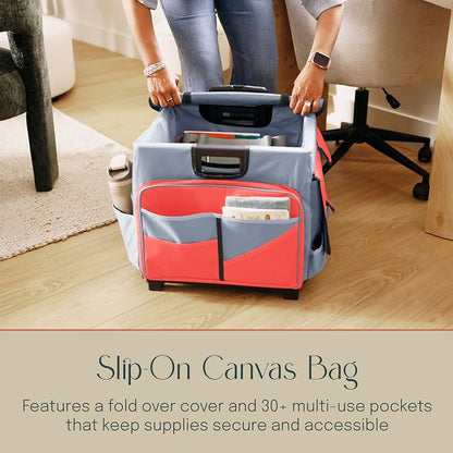 Mobile Folding Utility Cart with Canvas Storage Organizer Bag, Rolling Cart, Red/Grey