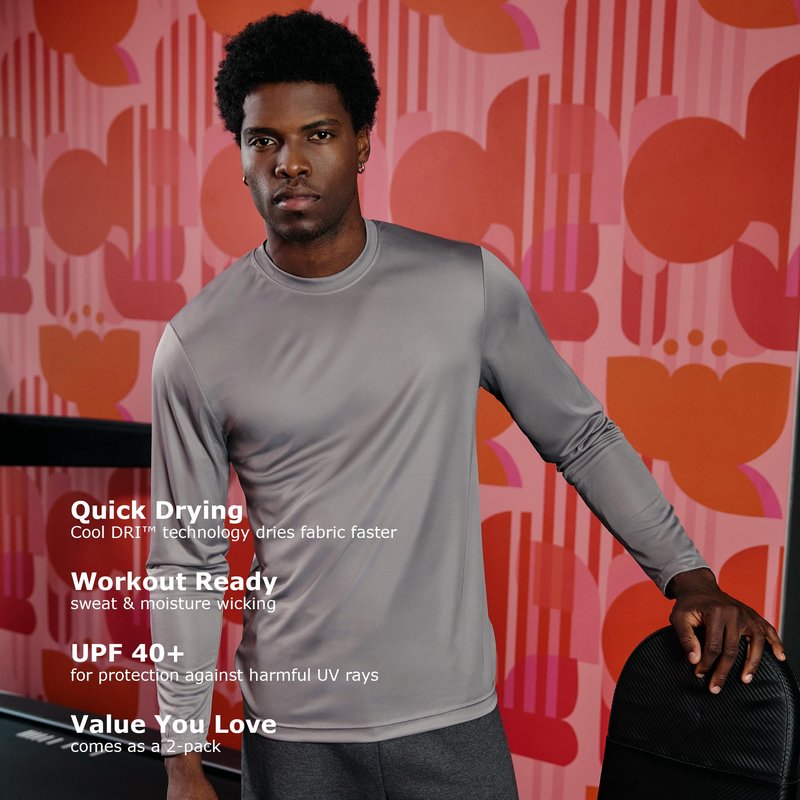 Hanes Men's Long Sleeve Cool DRI T-Shirt UPF 50+, Graphite, Large (Pack of 2)