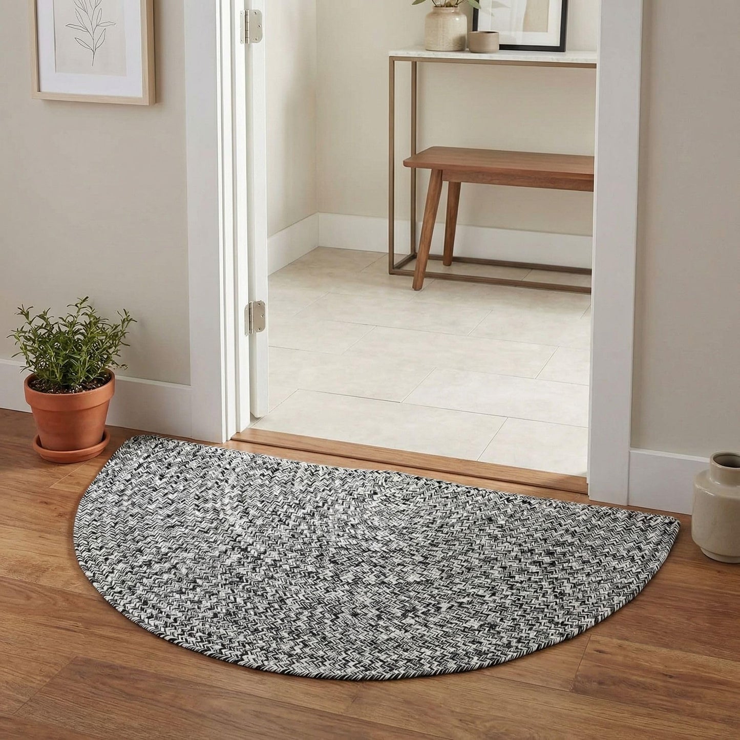Super Area Rugs Half Circle Braided Rug, Cotton Half Round Kitchen Rug, Hearth Rug for Living Room, Reversible Half Circle Indoor Mat, Black & White, 20"x40"