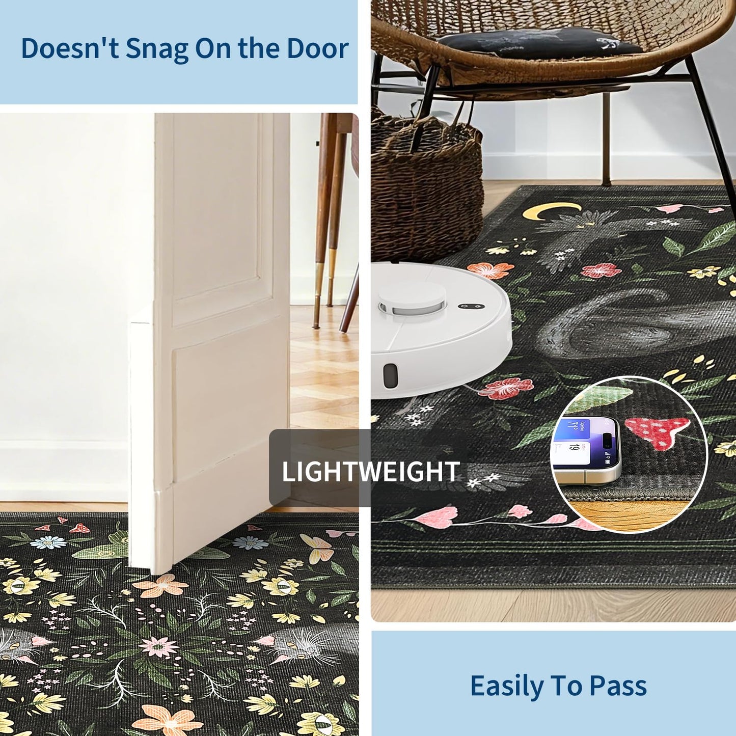 GarveeHome 2x6 Cat Washable Runner Rug for Kitchen, Soft Black Hallway Runner Non Slip Mushroom Moths Entryway Rug Floral Laundry Mat Stain Resistant Carpet for Bedroom Bathroom Beside Rug