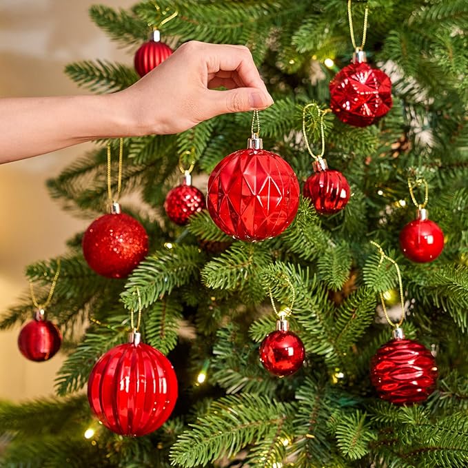 JORNOY Christmas Tree Ornaments Set, 47 Pack Assorted Shatterproof Hanging Balls Decorations, Plastic Bulbs Bulk with Lanyard for Home Holiday Party Decor, 3-Sizes (Red)