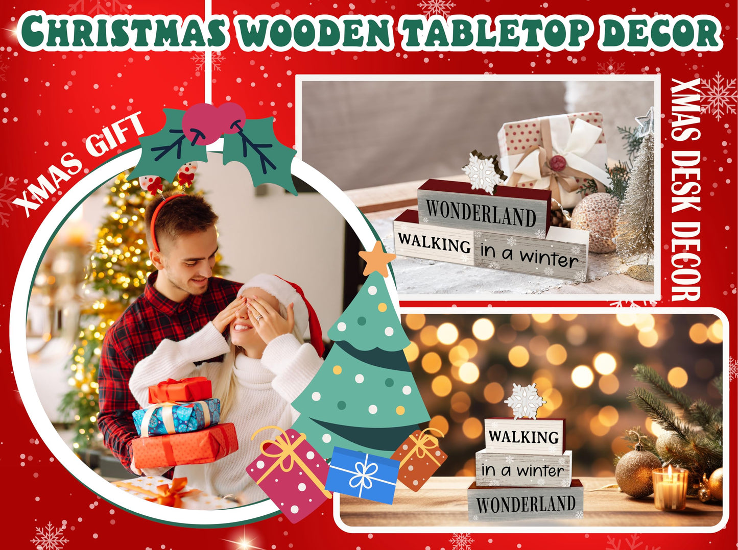 4 Pcs Snowflake Christmas Decor, Snowflakes Table Decorations, Christmas Tiered Tray Desk Decor Gifts, Winter Wonderland Wooden Xmas Stack Block Signs Table Centerpiece for Farmhouse Office -B13