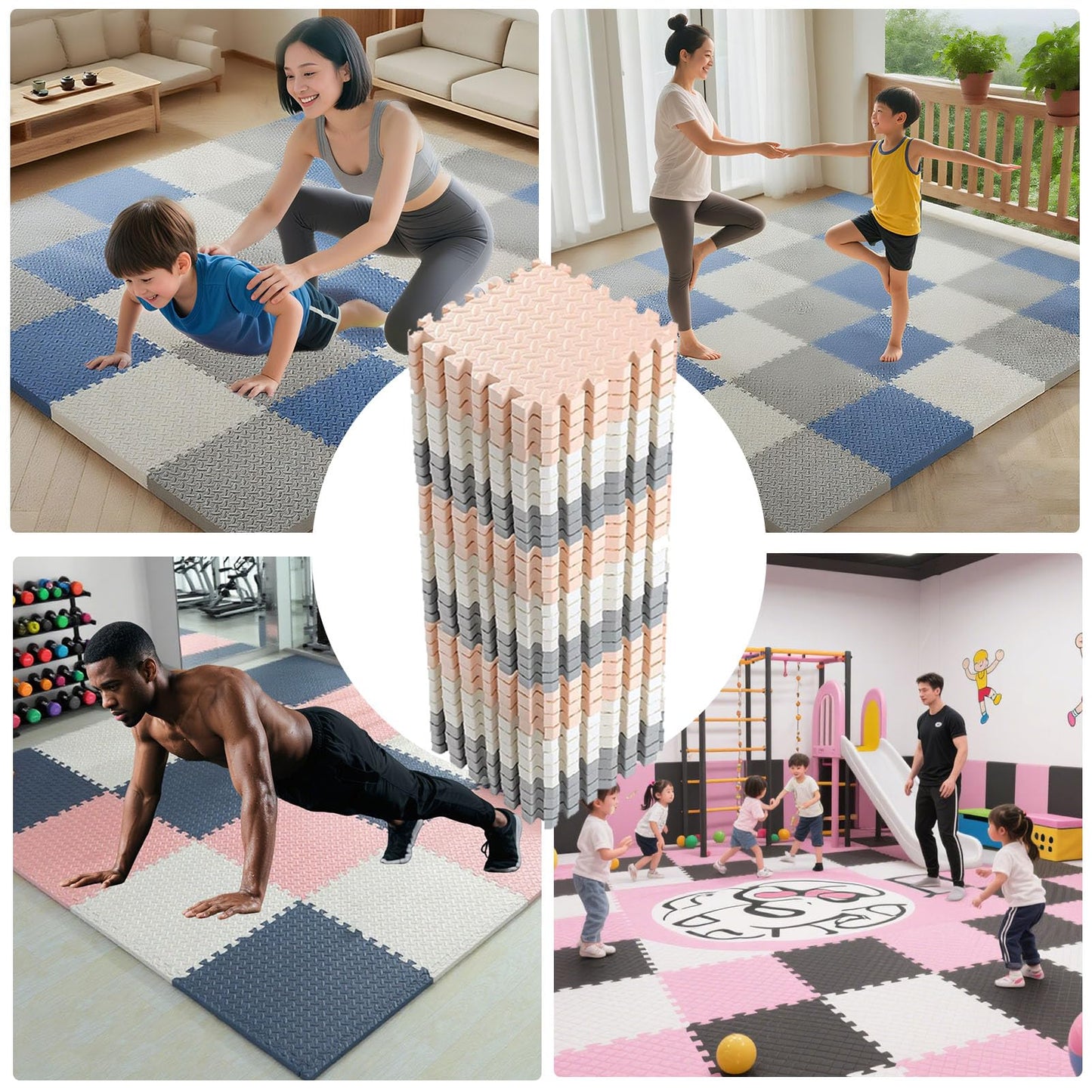 Foam Interlocking Floor Tiles Play Mat, 9pcs 12x12x1in Extra Thick EVA Foam Floor Mat Puzzle Exercise Mat, Protective Flooring for Workout Equipment (White+Navy Blue+Sky Blue)