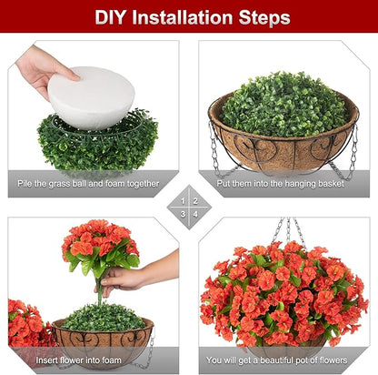 Artificial Fall Hanging Flower Plants with Basket for Summer Autumn Outdoor Decoration, Faux Petunias Flowers Fake Morning Glories Planter for Outside Patio Garden Porch Balcony Yard Decor(Orange)