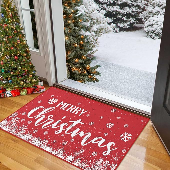 CAROMIO Christmas Doormat 20 x 32 Inch Xmas Holiday Decorative Christmas Snowflake Welcome Mat for Home Decoration Non Slip Door Mat Outdoor Indoor Entrance Floor Mat, Red