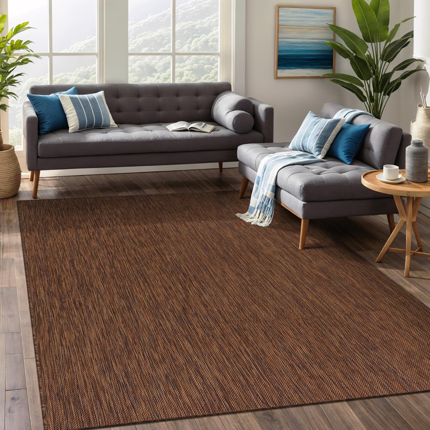 Beverly Rug Indoor Outdoor Rug 5x7, Washable Outside Carpet for Patio, Deck, Porch, Solid Modern Area Rug, Water Resistant, Gold Brown
