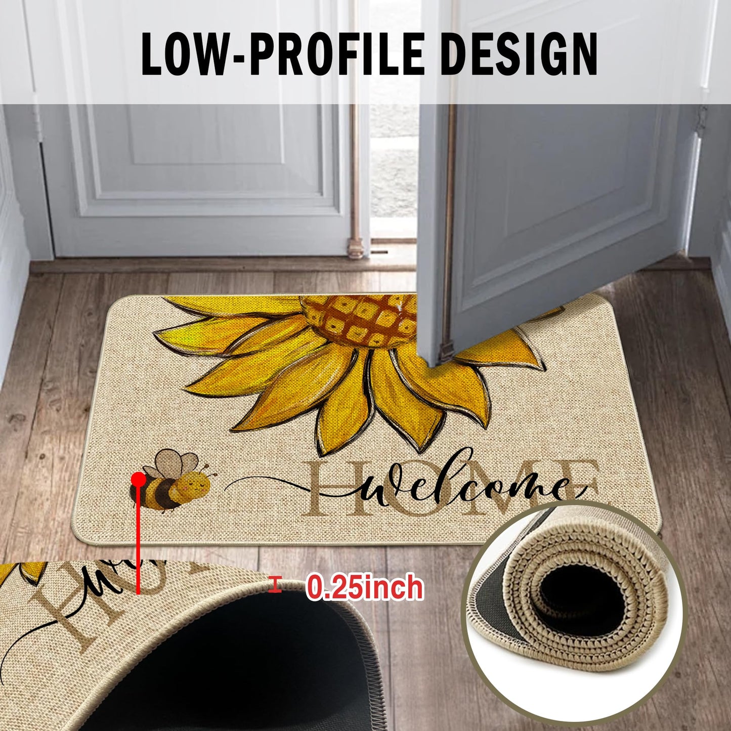 Wylumen Sunflower Welcome Doormat 17"x29", Non Slip Door Mat Indoor Entrance, Hello Indoor Front Door mat, Spring Summer Outdoor Entrance Mat, Low Profile Design Patio Porch Entryway Mats