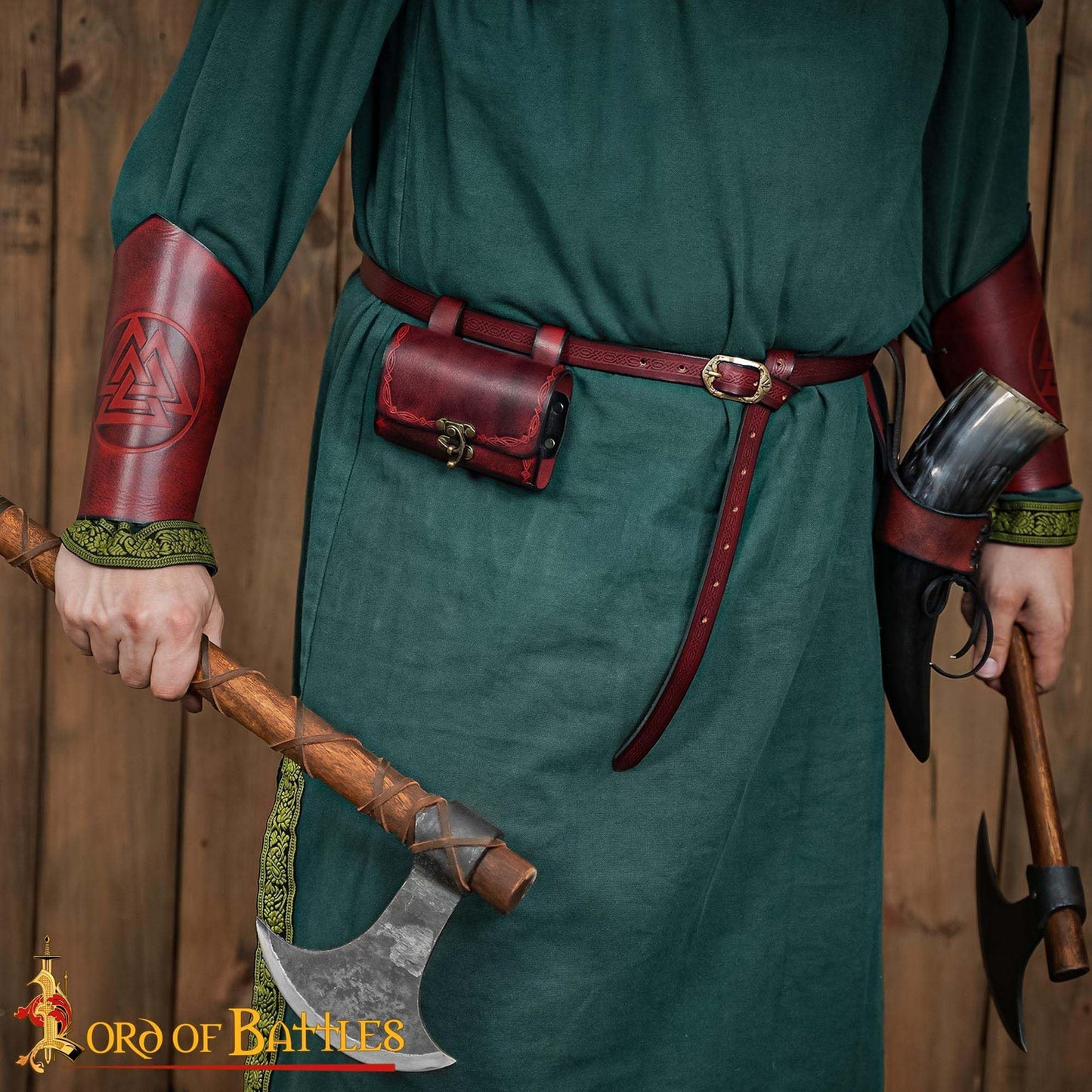 Lord of Battles Medieval Alchemy Buff Leather Belt Bag with 4 Mini Glass Bottles | The Elfic Potion Vintage Belt Waist Pouch Side Pack for Ren Faire, Cosplay (Maroon)