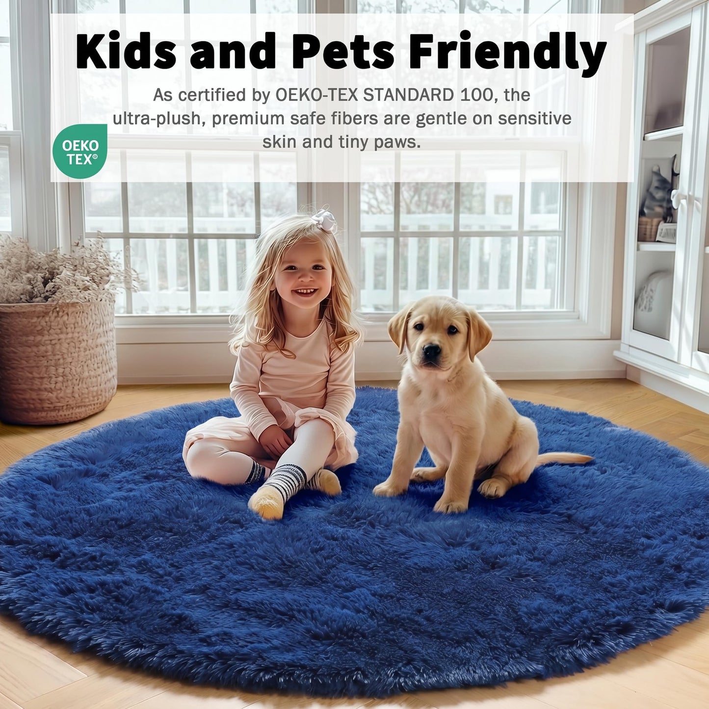 ONASAR Navy Blue Round Area Rug 4ft, Soft Bedroom Circle Rugs Floor Mat for Kids Girls Boys Teen Room, Fluffy Plush Shaggy Carpet for Baby Nursery Living Room Playroom Dorm Home Decor