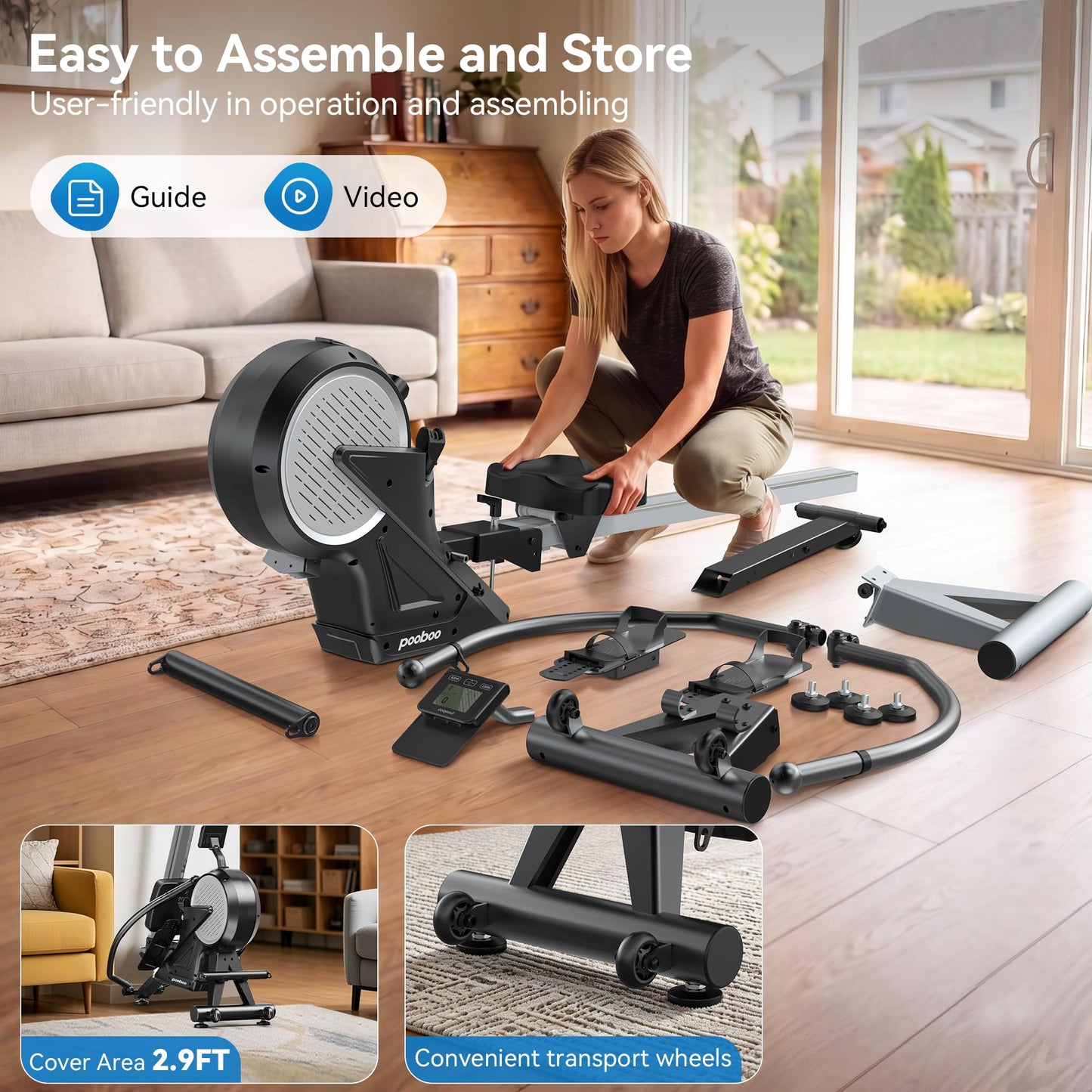 pooboo Rowing Machines for Home, Dual Wind & Magnetic Resistance, Foldable Row Machine 400 LB Weight Capacity, 14 Levels Resistance Quiet Rowers for at Home Exercise, App Supported