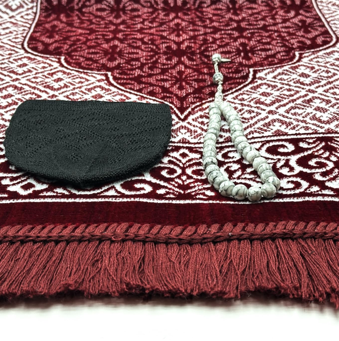 ESERRA Velvet Prayer Mat All in One Set for Islam - Thick Muslim Prayer Rug, Black Kufi Hat, Jasper Stone 33 Prayer Beads, Cotton Travel Case - Islamic Gifts (Red)
