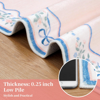 Seavish Pink Floral Rugs for Bedroom Girls, 5x7 Area Rugs for Living Room, Soft Washable Scalloped Nursery Rug, Boho Farmhouse Non-Slip Low Pile Carpet Rug for Kids Playroom Dining Room Office