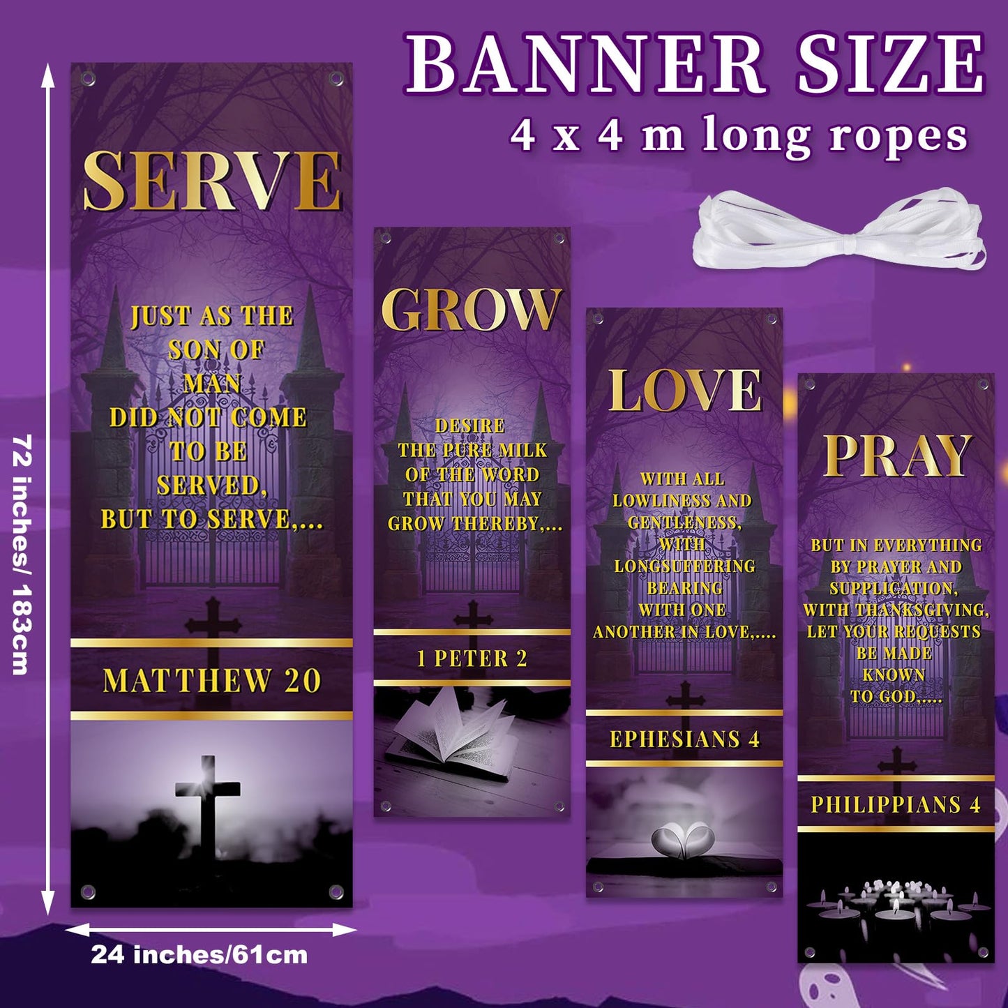4Pcs Church Banners for Sanctuary Wall Welcome Religious Banners Serve Grow Love Pray Hanging Backdrop Purple Church Hanging Signs Scripture Bible Verse Banner for Holiday Sunday School Decor