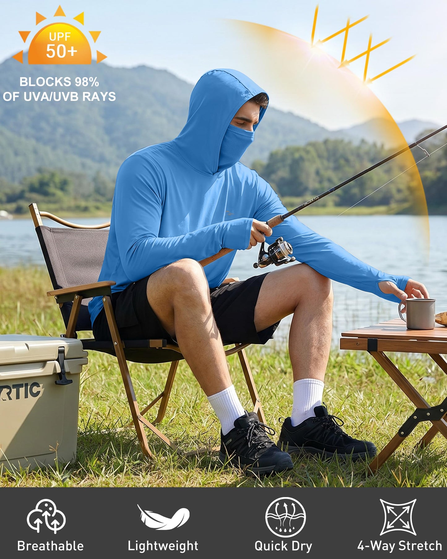 FISHEAL Men's Performance Fishing Hoodie Shirt - UPF 50+ UV Sun Protection Long Sleeve Shirts with Mesh Face Mask