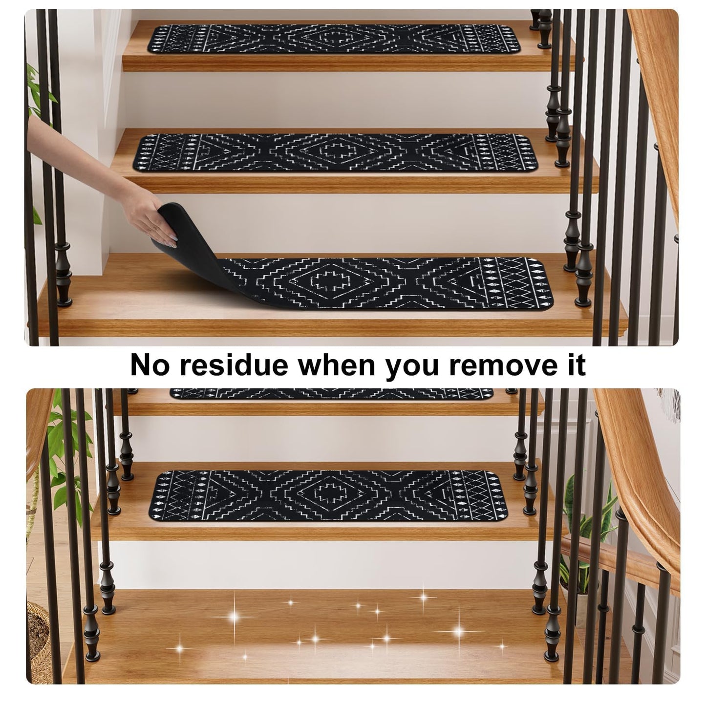 OJIA Boho Stair Treads Non-Slip Stair Runners for Wooden Steps Indoor 15PCS 30"x8" Washable Carpet Stair Treads Stair Mats Staircase Step Treads for Kids, Elders and Dogs, Stair Covers, Black