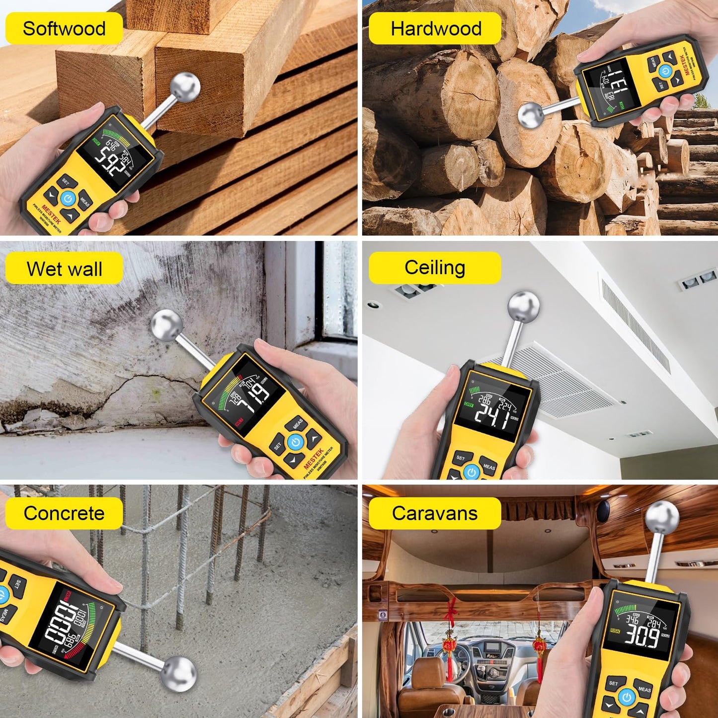MESTEK Wood Moisture Meter for Non-Destructive Moisture Detection in Drywall, Wood, and Masonry, Moisture Tester with Backlit Color LCD Display & Alarm Function, Detects up to 20-40mm Below Surface