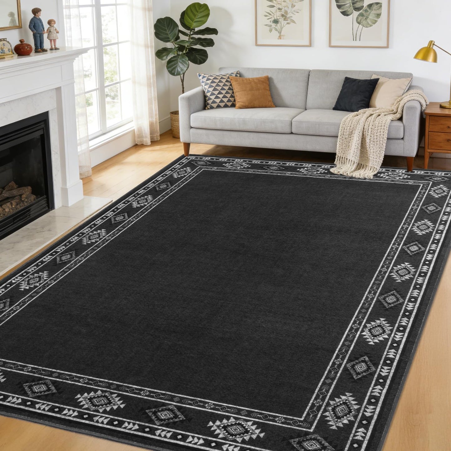 QDUIDU Large Area Rug for Bedroom Living Room, 4x6 Feet Ultra Soft Dark Grey Rugs Washable Modern Geometric Bordered Non Slip Low Pile Carpets Home Decor