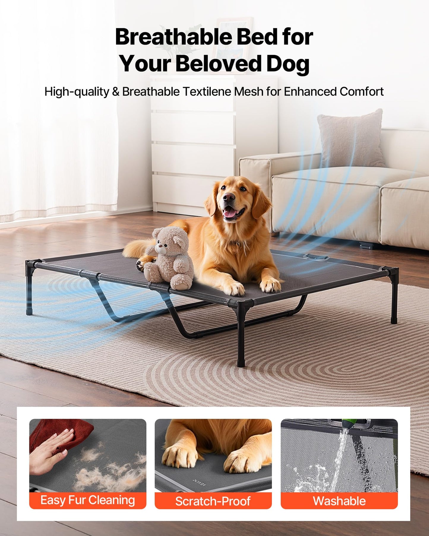 VEVOR Elevated Dog Bed for Large Dogs, Portable Raised Dog Cot with Steel Metal Frame and Breathable Teslin Mesh, Indoor & Outdoor Pet Cooling Raised Hammock Bed, XL, Gray