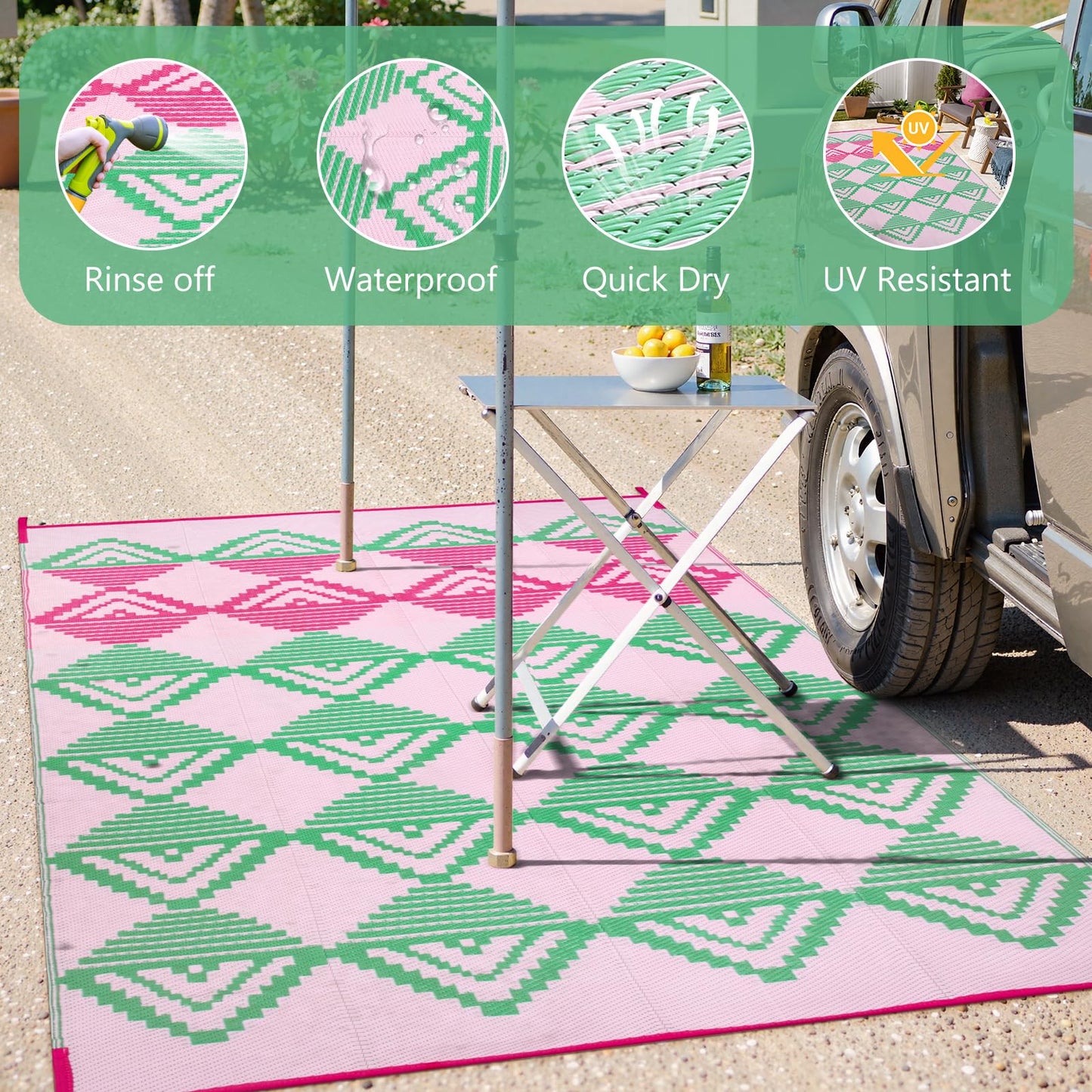 Lahome Waterproof Outdoor Rug 8x10, Reversible Outdoor Plastic Straw Rug for Patios, Outside RV Mat Carpet for Deck Porch Backyard Balcony Picnic Trailer (Pink/Green, 8' x 10')