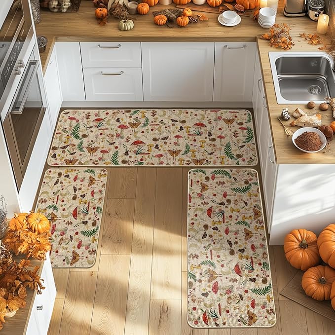 Artoid Mode Mushrooms Butterfly Spring Kitchen Mats Set of 3, Home Decor Low-Profile Kitchen Rugs for Floor - 24"x35"+24"x59"+24"x72"