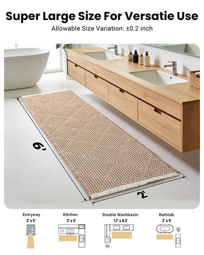 Large Bathroom Rugs 2' x 6', Long Runner Rug Waffle Bath Mat for Kitchen Rugs, Absorbent and Washable Bathroom Mat for Laundry Room, Soft Boho Runner Decor, Entryway Hallway Runner Rug No Slip