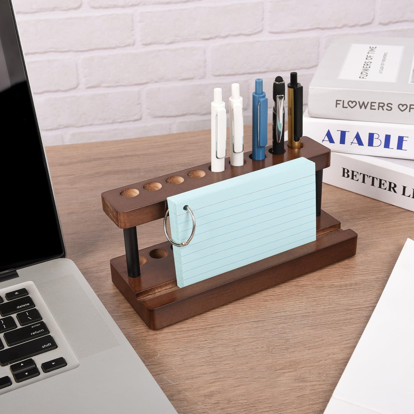 Wooden Pen Holder for Desk, Wood Pencil Holder Fountain Pens Display Stand with 9 Slots and Phone Holder, Stylish Office Desk Decor, Pen Organizer for Office, Home